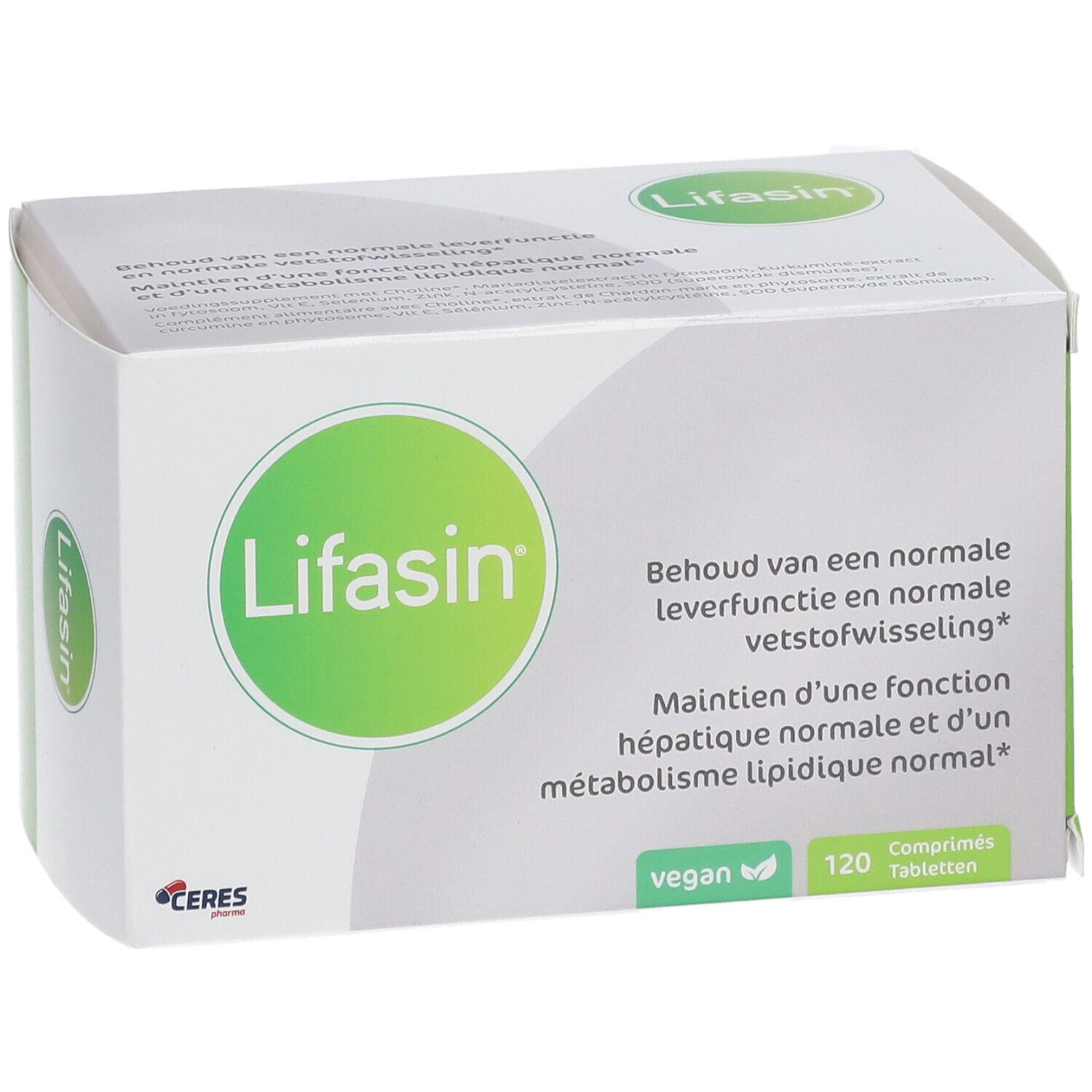 Boîte "Lifasin" avec logo et texte. Emballage vert et blanc, vue de face.