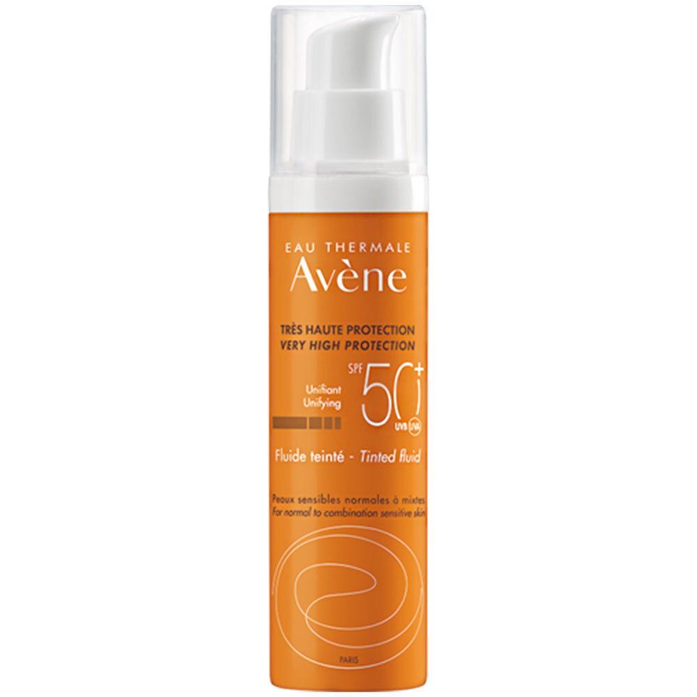 Zonnefluïdumfles met pomp. Oranje etiket met tekst: Avène, SPF 50+.