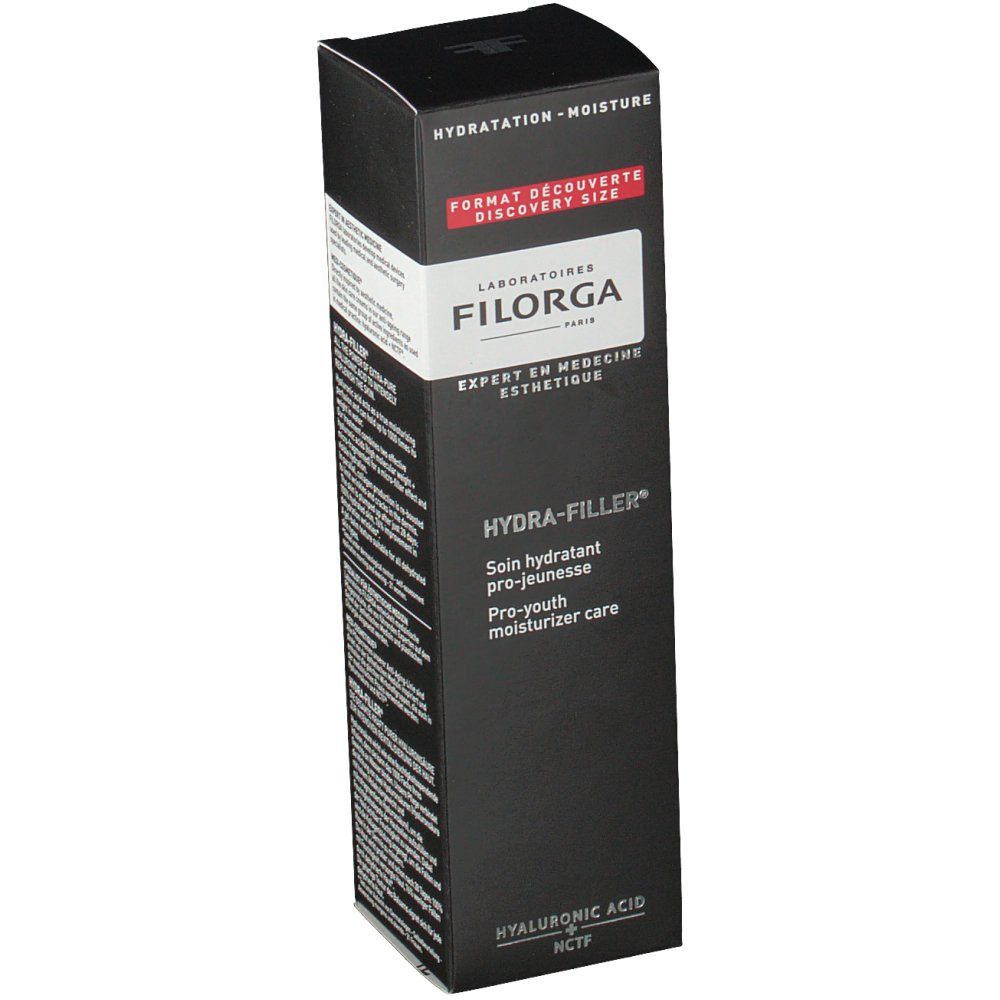 Zwarte Filorga Hydra-Filler verpakking. Tekst: Hydra-Filler, Pro-youth moisturizer care, Hyaluronzuur. Format Découverte.