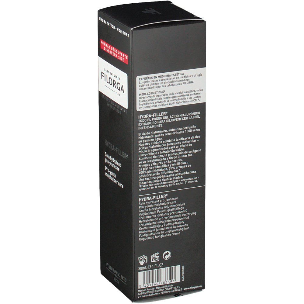 Achterkant zwarte Filorga Hydra-Filler verpakking. Tekst: Hydra-Filler, 30ml, ingrediënten, fabrikant informatie.