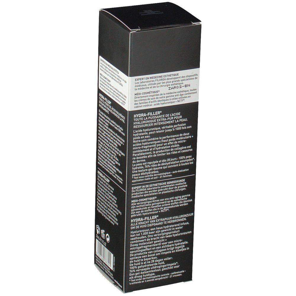 Zijaanzicht zwarte Filorga Hydra-Filler verpakking. Tekst: Hydra-Filler, ingrediënten, fabrikant informatie.