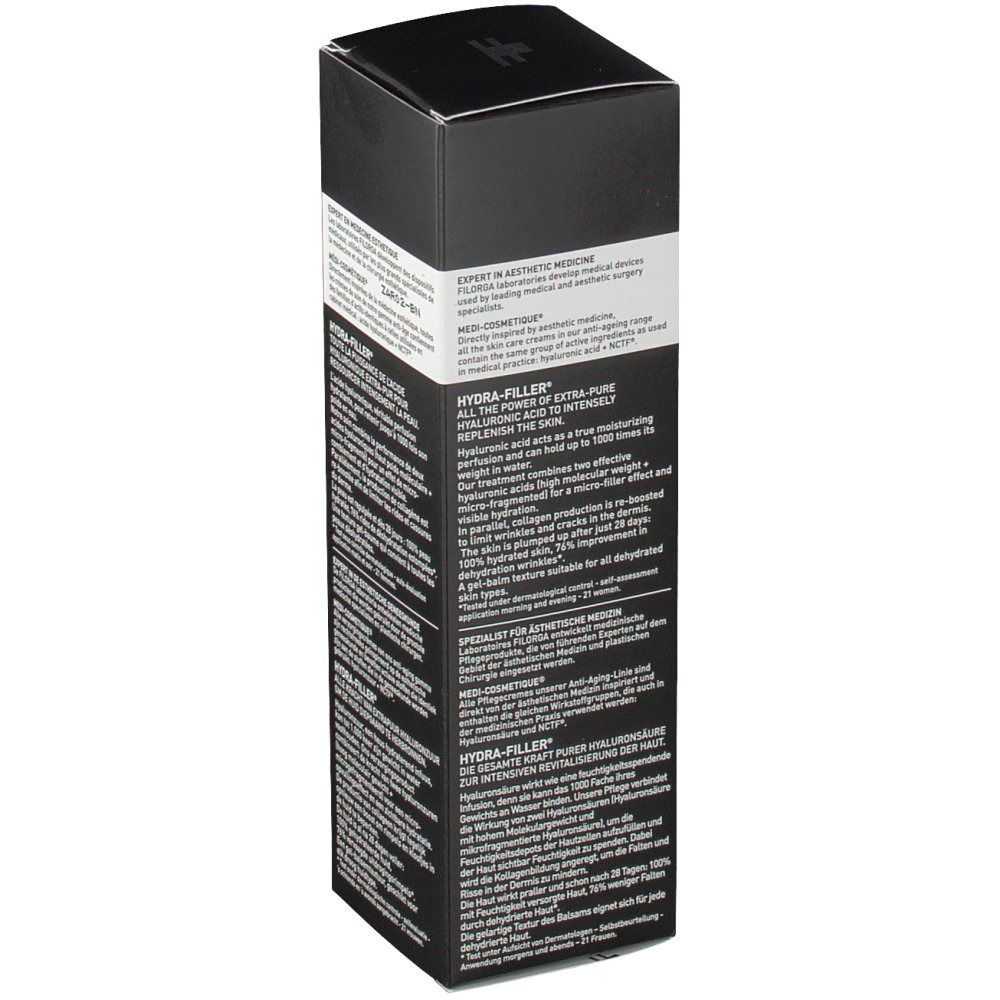 Zijaanzicht zwarte Filorga Hydra-Filler verpakking. Tekst: Hydra-Filler, ingrediënten, fabrikant informatie.