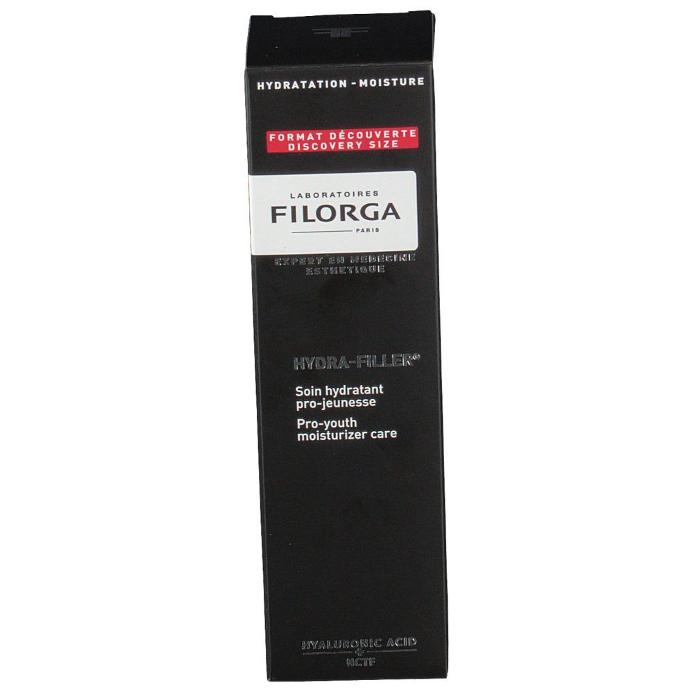 Vooraanzicht zwarte Filorga Hydra-Filler verpakking. Tekst: Hydra-Filler, Pro-youth moisturizer care, Hyaluronzuur.