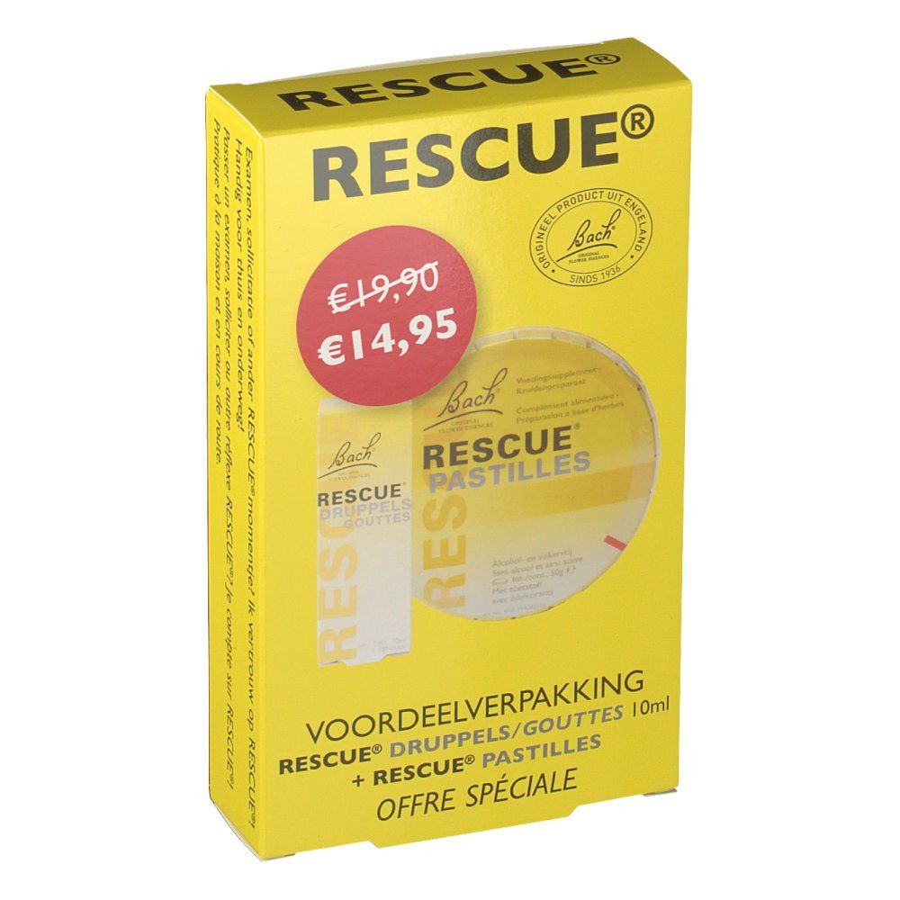 Gele verpakking met "RESCUE". Bevat druppels en pastilles. Bach-logo. Prijsaanduiding.