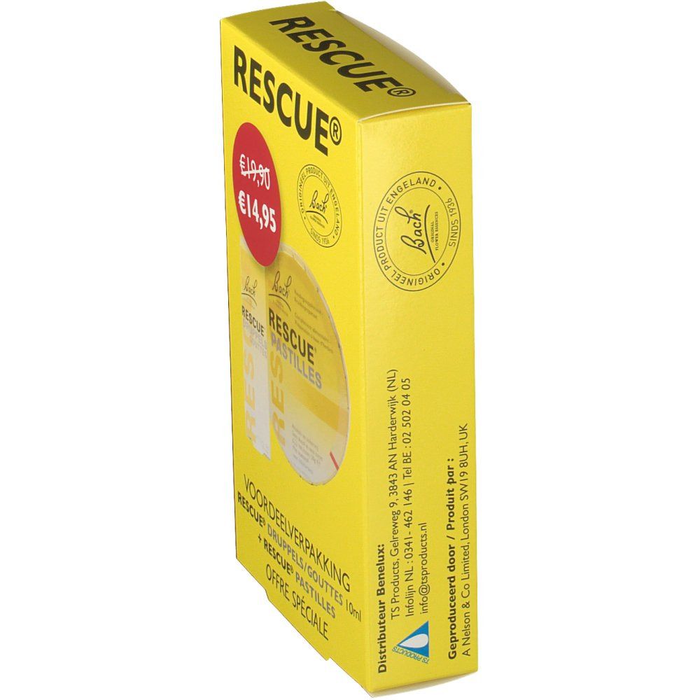 Gele "RESCUE"-verpakking. Bevat druppels en pastilles. Bach-logo. Prijsetiket.