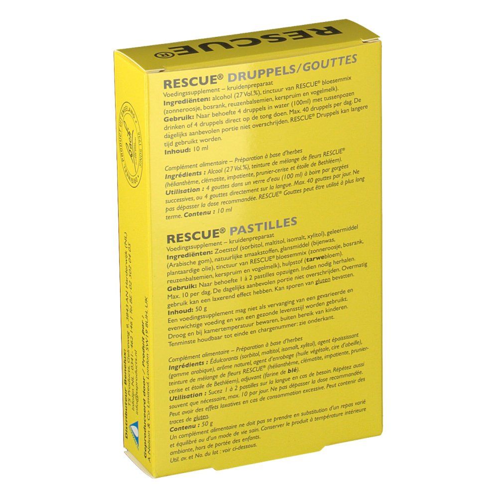 Achterkant gele "RESCUE"-verpakking. Meertalige tekst. Ingrediënten en informatie.