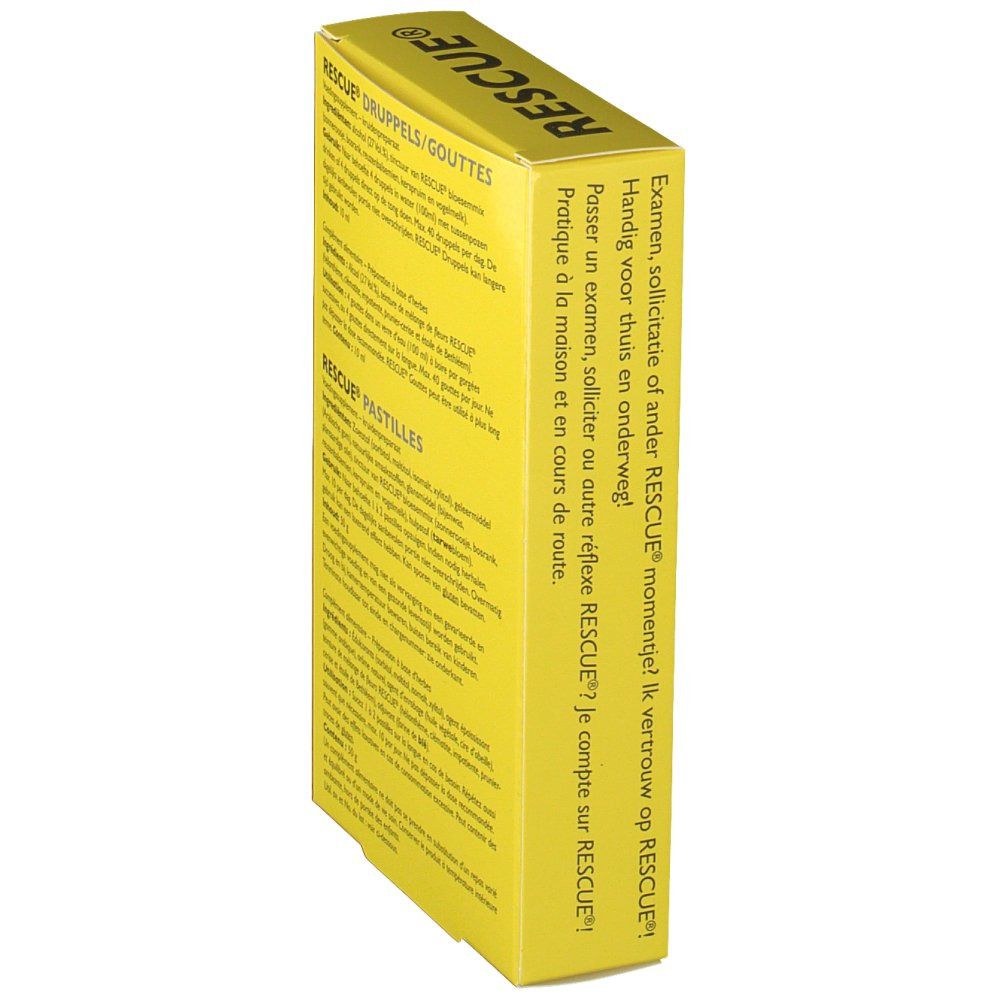 Gele "RESCUE"-verpakking. Meertalige tekst. Productinformatie.