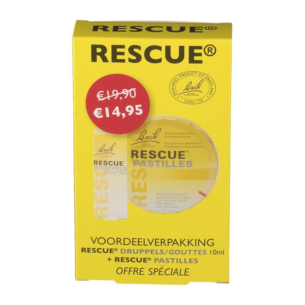 Gele "RESCUE"-verpakking. Bevat druppels en pastilles. Bach-logo. Prijsetiket.