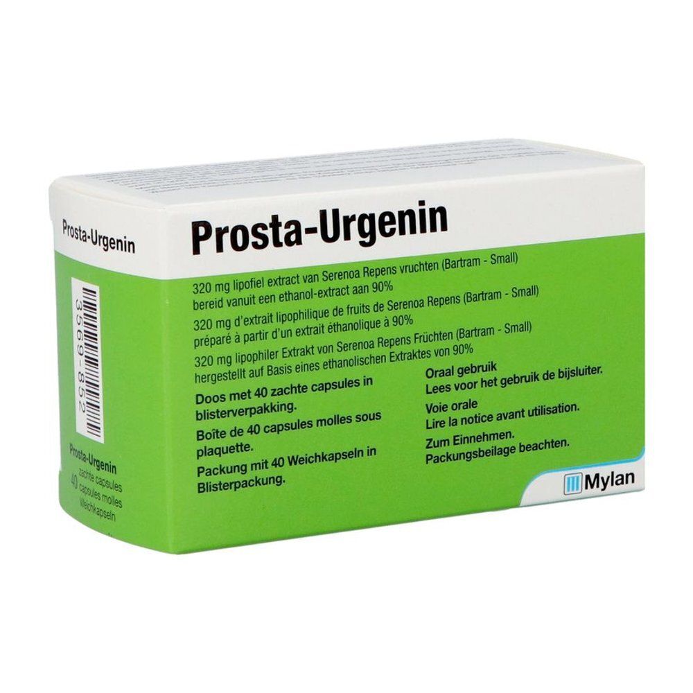 Boîte de Prosta-Urgenin. Texte en allemand, français, italien et néerlandais. Logo Mylan.