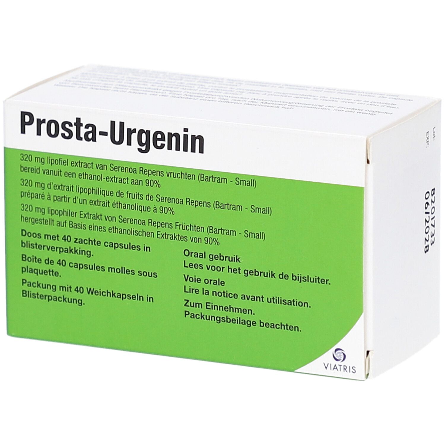Boîte de Prosta-Urgenin. Contient 40 capsules. Texte en allemand, français, italien et néerlandais. Logo Viatris.