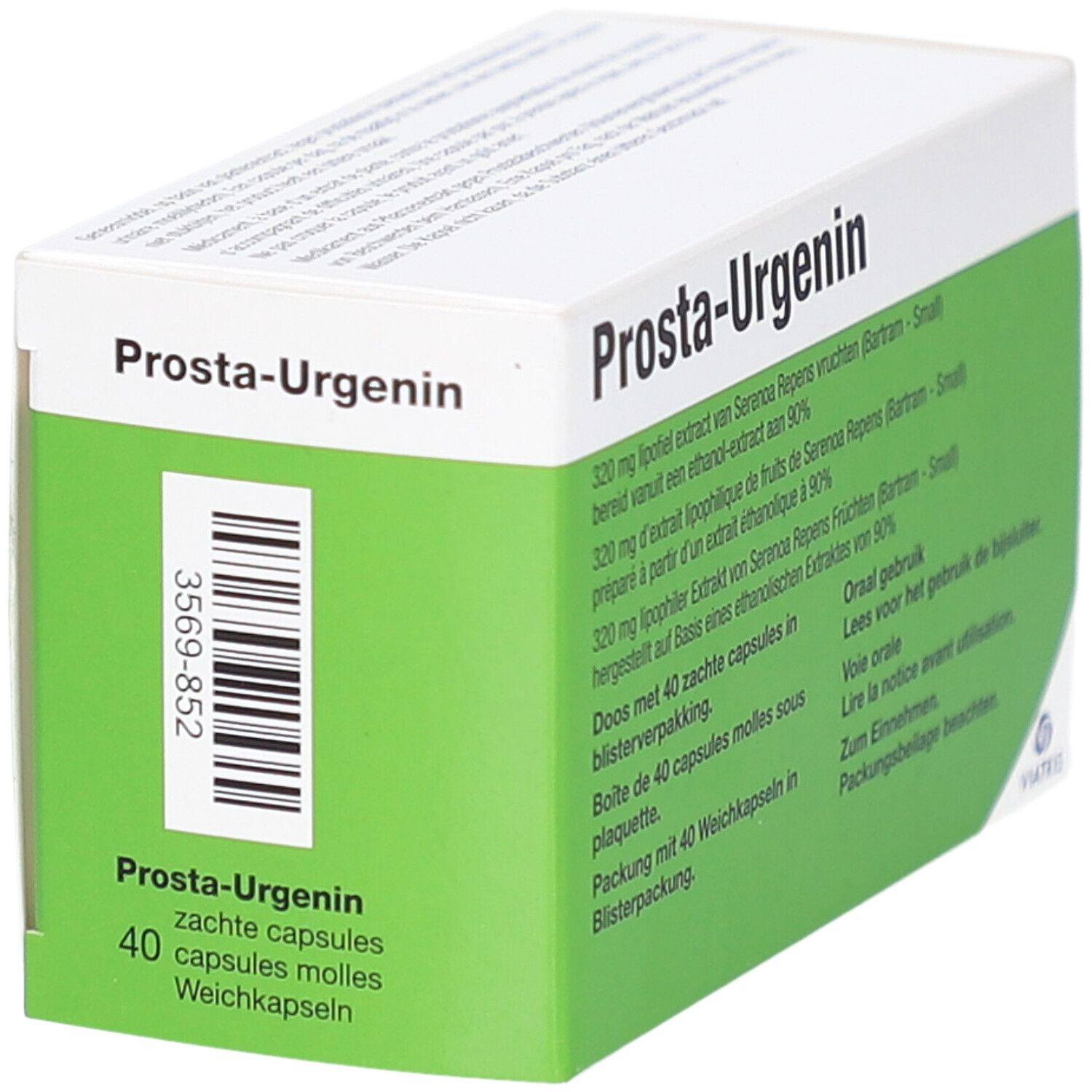 Boîte de Prosta-Urgenin. Boîte verte et blanche avec texte en allemand, français, italien et néerlandais. Code-barres.
