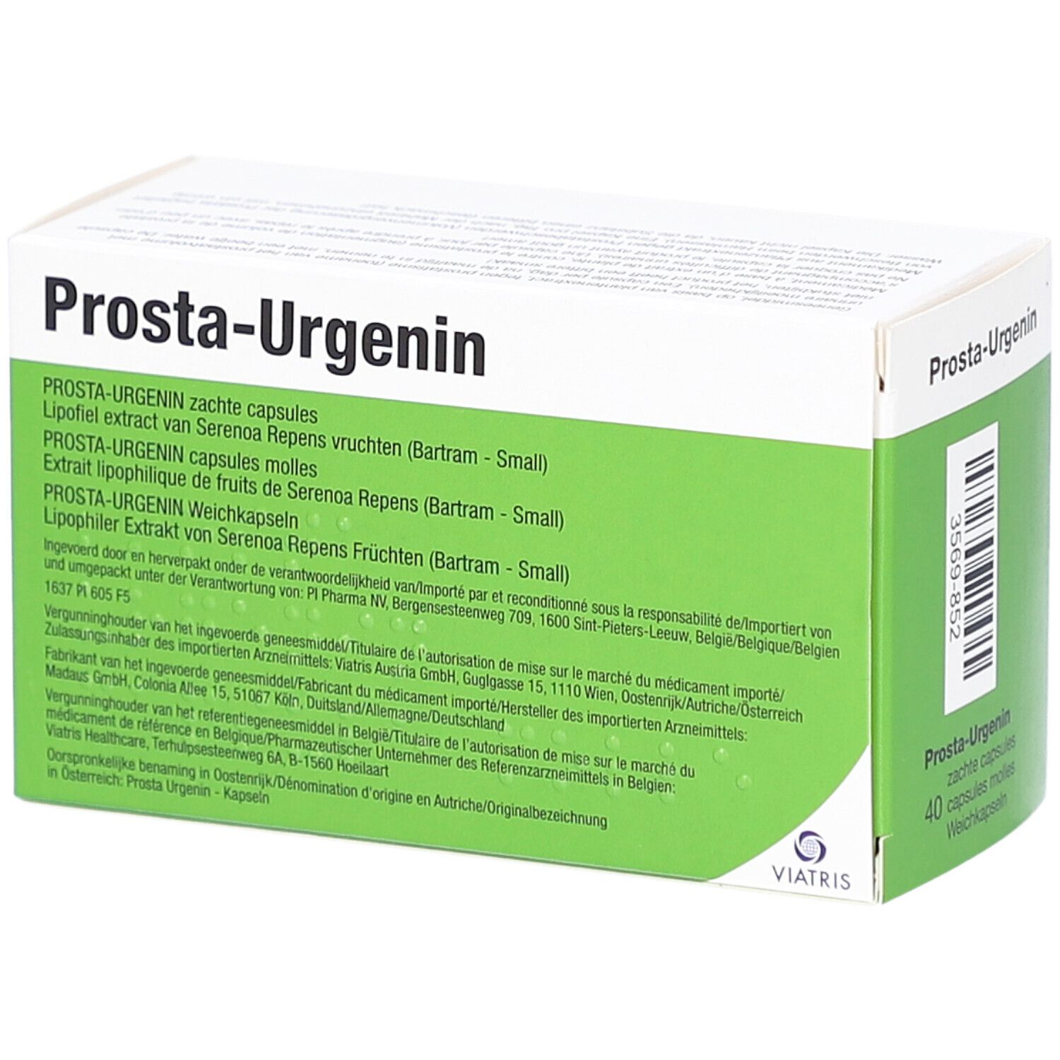 Boîte de Prosta-Urgenin. Texte en allemand, français, italien et néerlandais. Logo Viatris. 40 capsules.