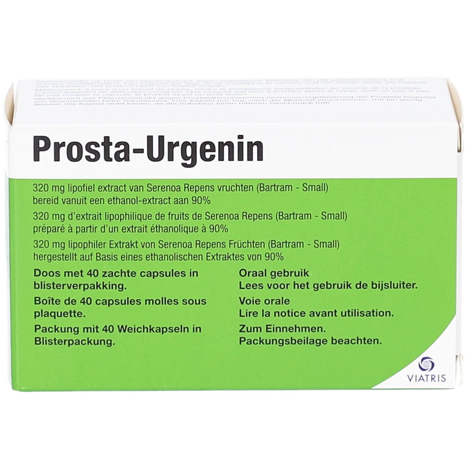 Boîte de Prosta-Urgenin. Contient 40 capsules. Texte en allemand, français, italien et néerlandais. Logo Viatris.