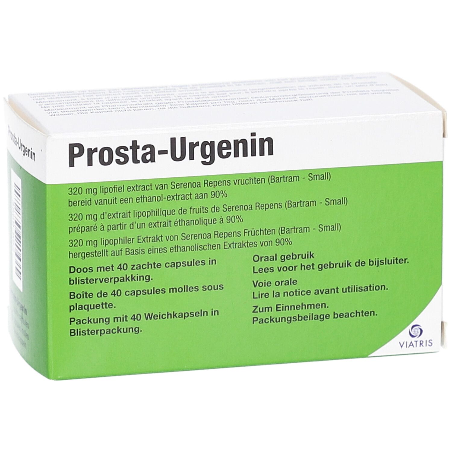 Boîte de Prosta-Urgenin. Texte en allemand, français, italien et néerlandais. Logo Viatris.
