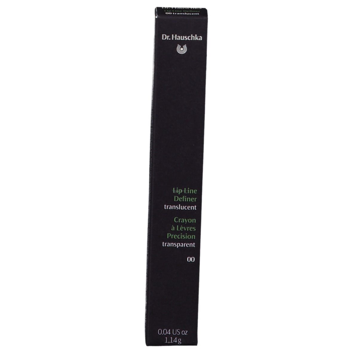 Zwarte verpakking met productnaam: Lip Line Definer transparent 00. Merk: Dr. Hauschka. Gewicht: 1.14g.