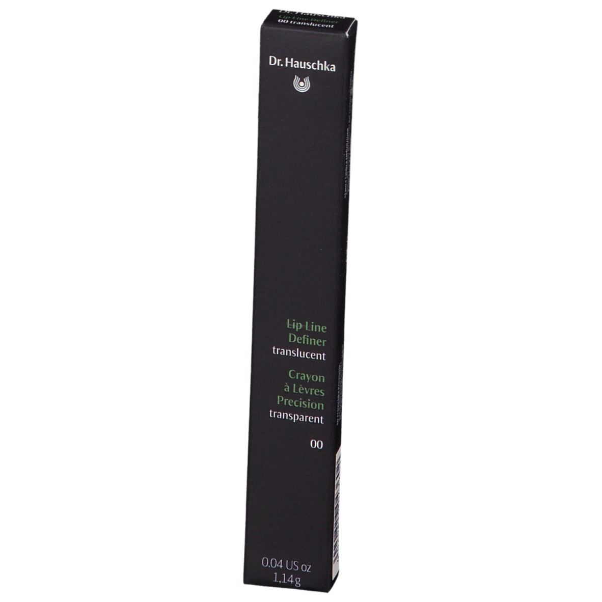 Zwarte verpakking met productnaam: Lip Line Definer transparent 00. Merk: Dr. Hauschka. Gewicht: 1.14g.