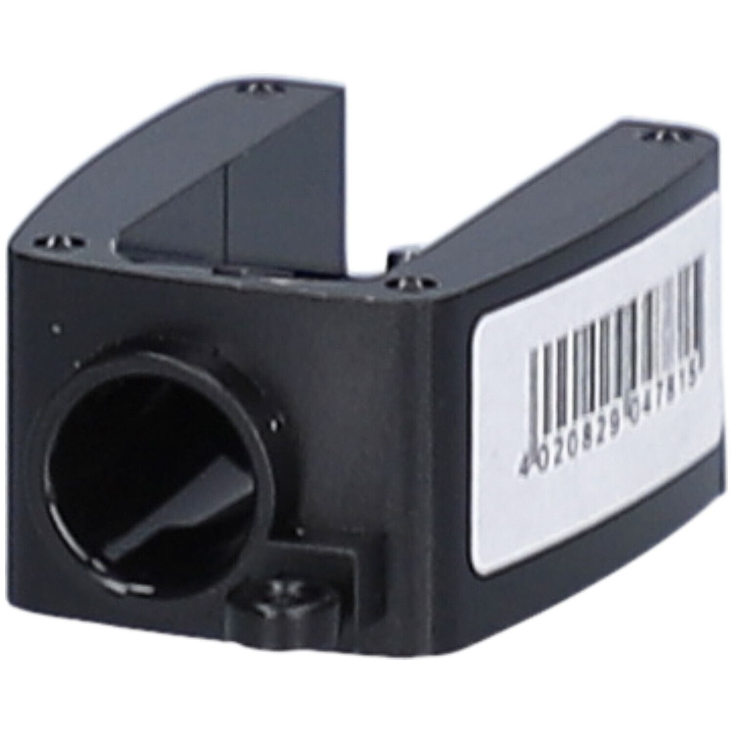 Taille-crayon noir avec ouverture et autocollant code-barres.