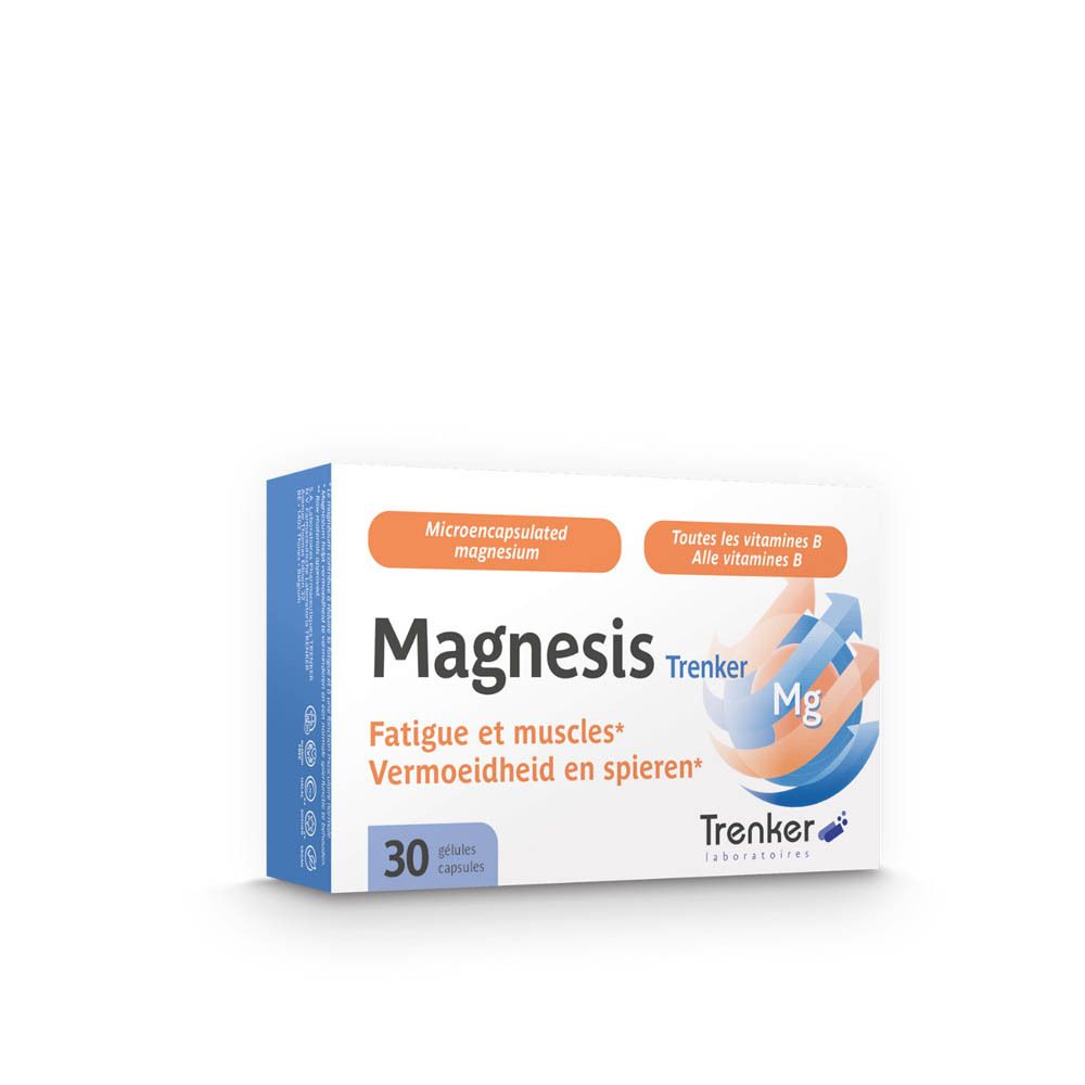 Witte doos "Magnesis Trenker". Bevat 30 capsules. Tekst: "Fatigue et muscles". Oranje en blauwe accenten.