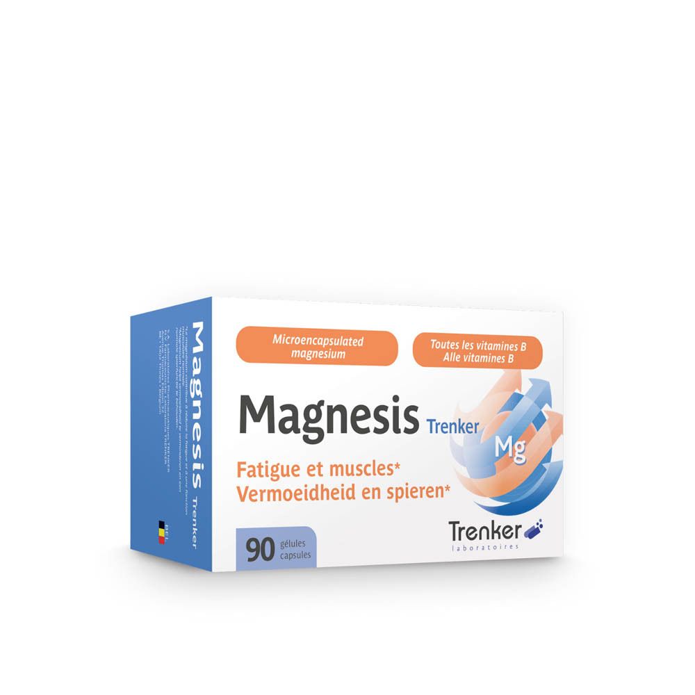 Wit en blauw doosje "Magnesis Trenker" met 90 capsules. Opschrift: "Fatigue et muscles" en "Vermoeidheid en spieren".