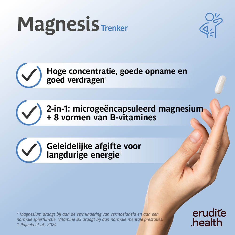 Trenker Magnesis: 1 tot 2 capsules per dag. Bevat magnesium en B-vitaminen.