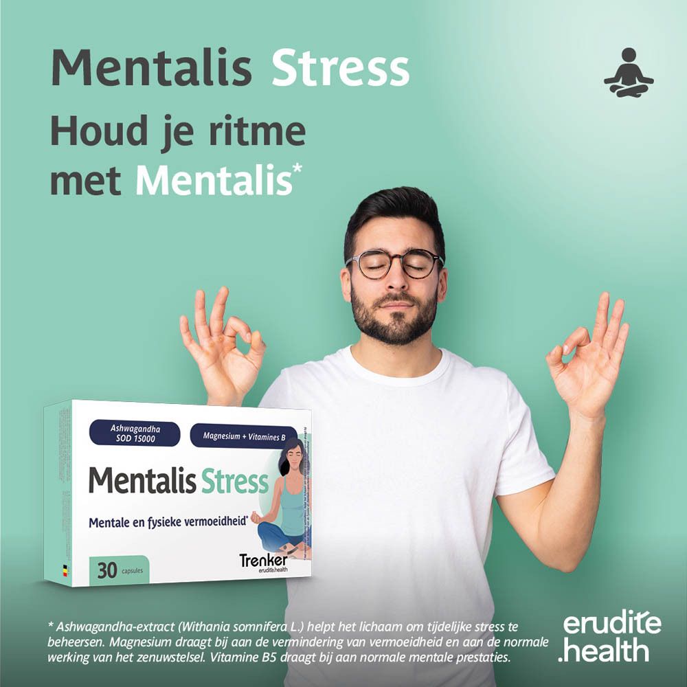 Doos Trenker Mentalis Stress 30 capsules, vrouw in meditatiehouding.