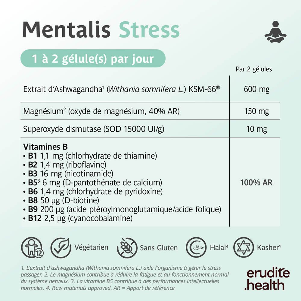 Boîte Trenker Mentalis Stress 30 gélules, femme en posture de méditation.