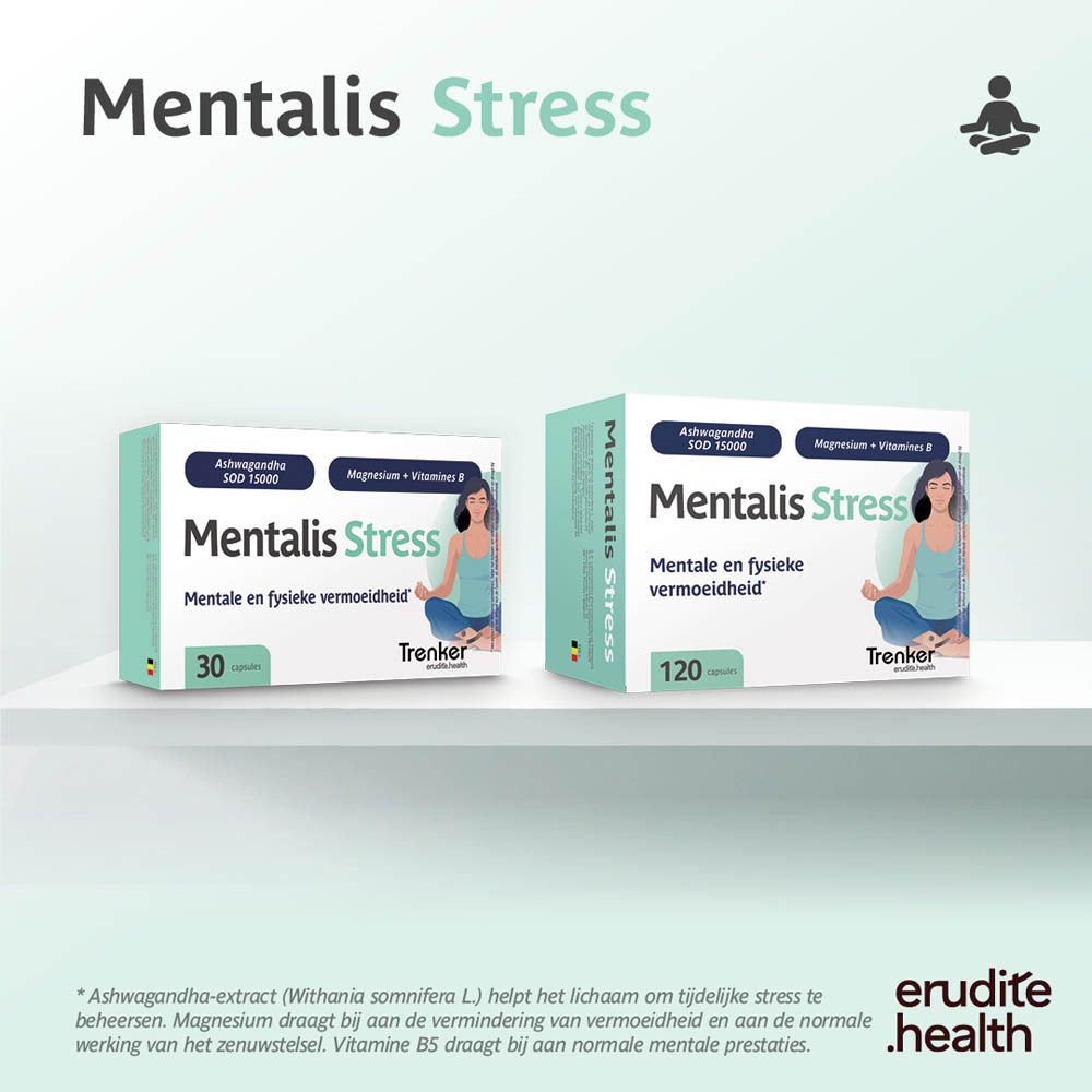 Doos Trenker Mentalis Stress 30 capsules, vrouw in meditatiehouding.
