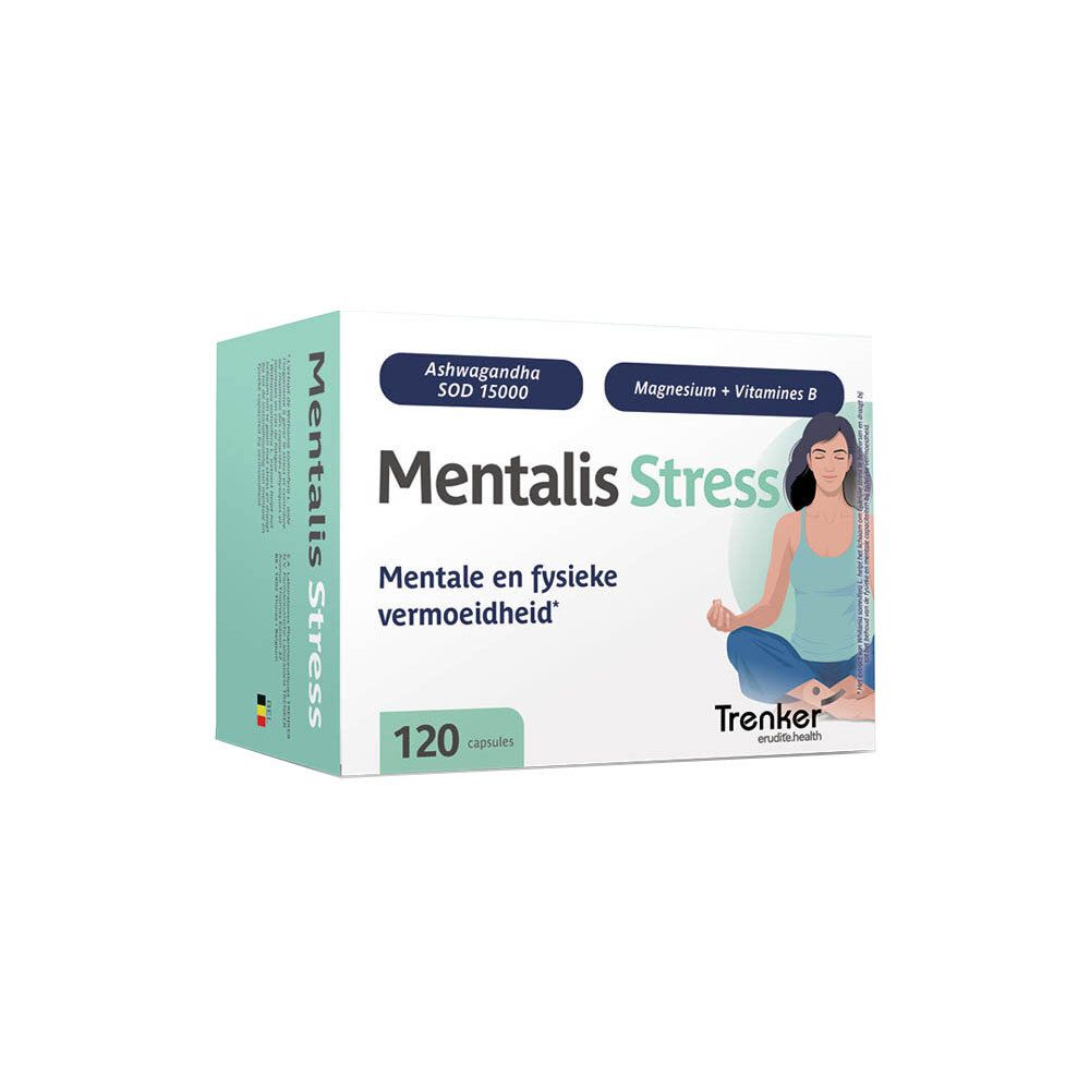 Verpakking Mentalis Stress 120 capsules, Ashwagandha, Magnesium en Vitamine B.