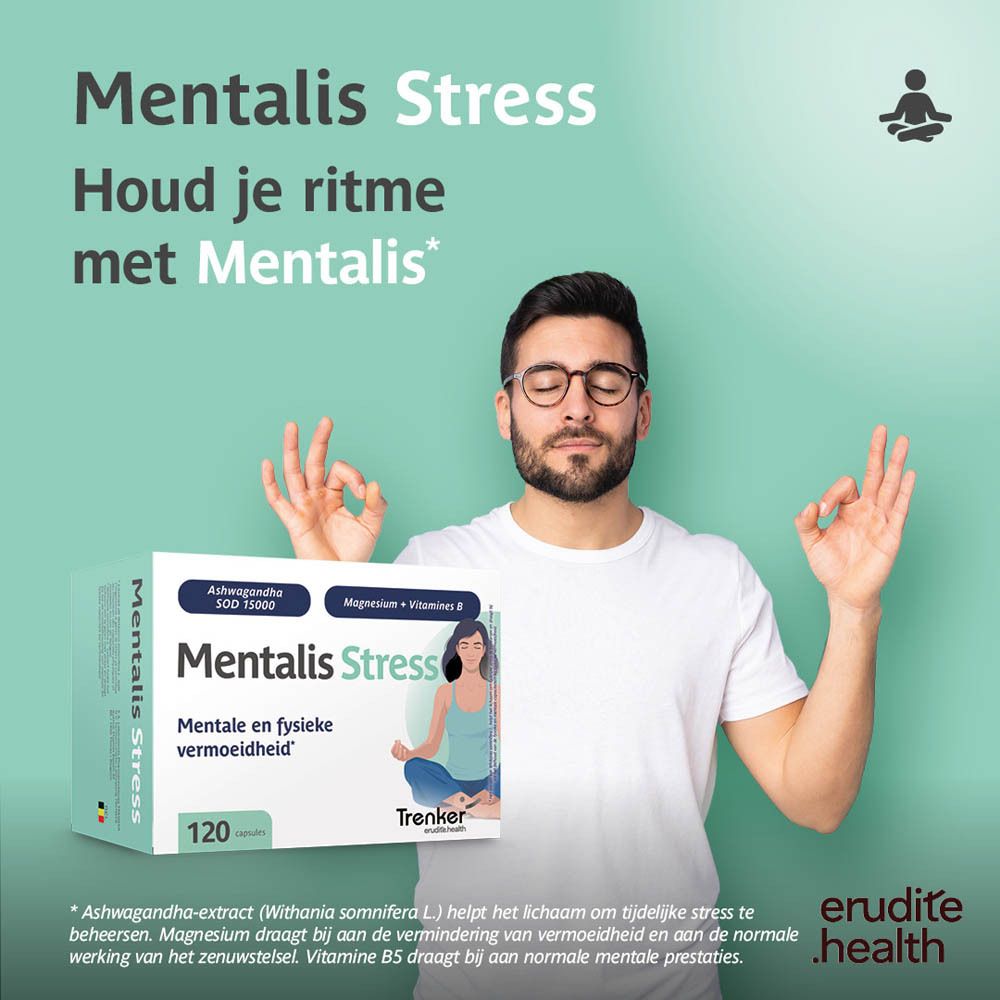 Verpakking Mentalis Stress 120 capsules, Ashwagandha, Magnesium en Vitamine B.