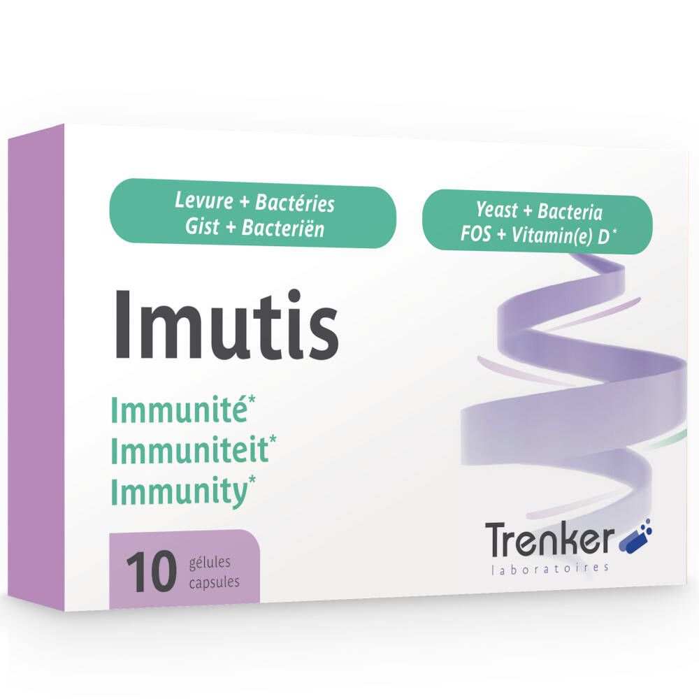 Witte doos met productnaam en logo. Bevat 10 capsules. Tekst in het Engels, Frans, Nederlands en Duits. Merk: Trenker.