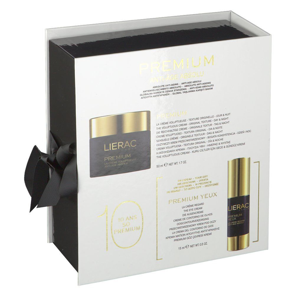 Achterkant van de geschenkverpakking met crème en oogcontour. Meertalige tekst. Logo en illustraties.