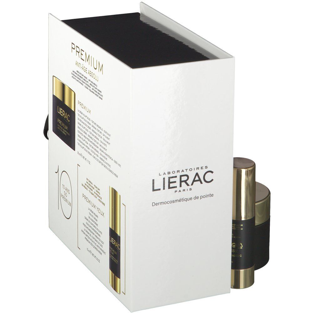 Geschenkverpakking met crème en oogcontour. Zwarte en gouden potten en fles. Logo en tekst op de doos.