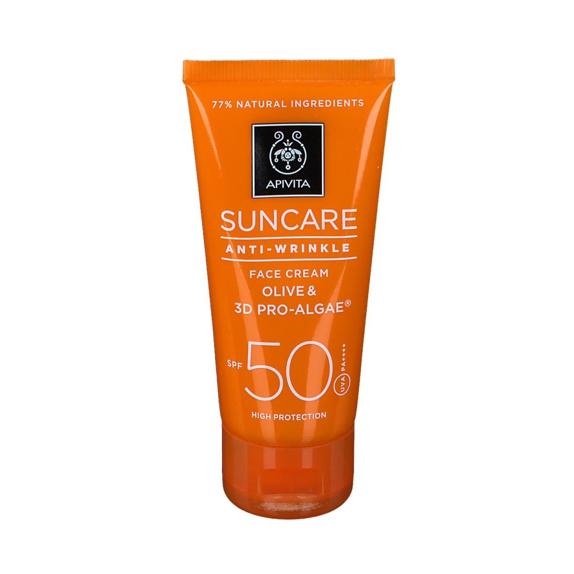 Oranje tube Apivita Suncare Anti-Wrinkle Face Cream SPF50. 77% natuurlijke ingrediënten. Zonnecrème.