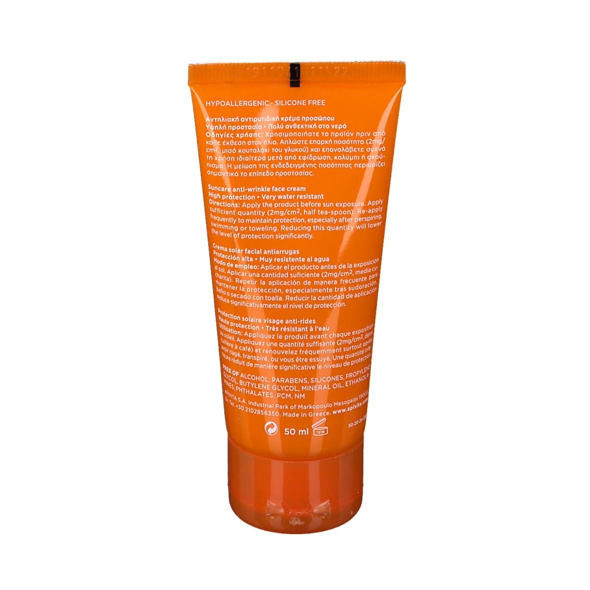 Achterkant van de oranje tube. Tekst: Anti-Wrinkle Face Cream. 50 ml. Hypoallergeen, siliconenvrij.