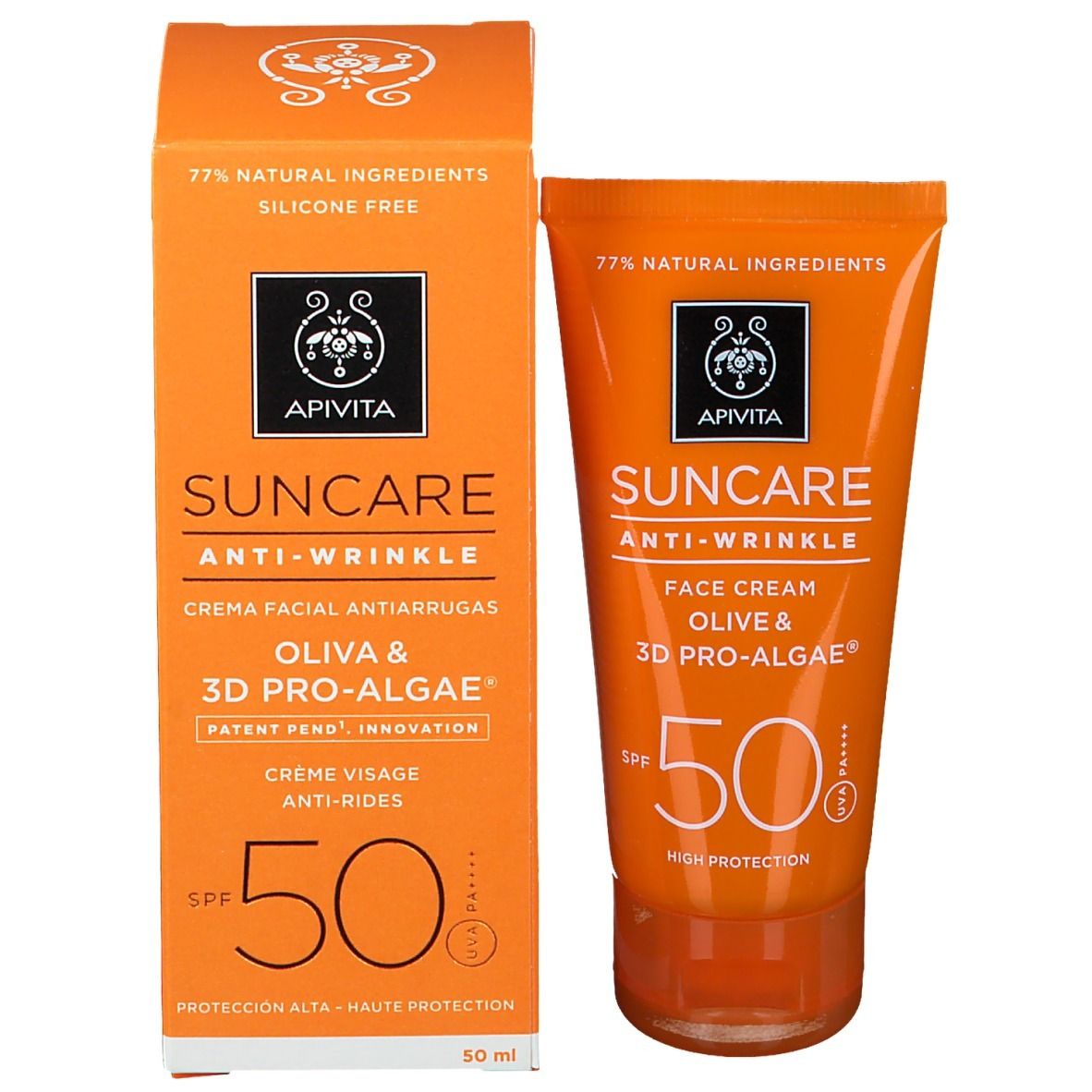 Apivita Suncare Anti-Wrinkle Face Cream SPF50. Tube en doos. 77% natuurlijke ingrediënten. 50 ml.