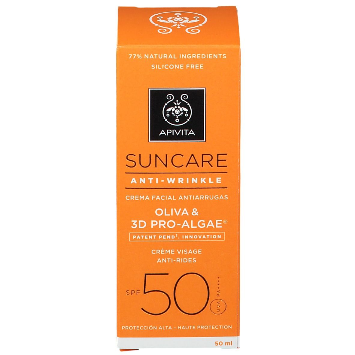 Doos Apivita Suncare Anti-Wrinkle Face Cream SPF50. 77% natuurlijke ingrediënten. 50 ml.