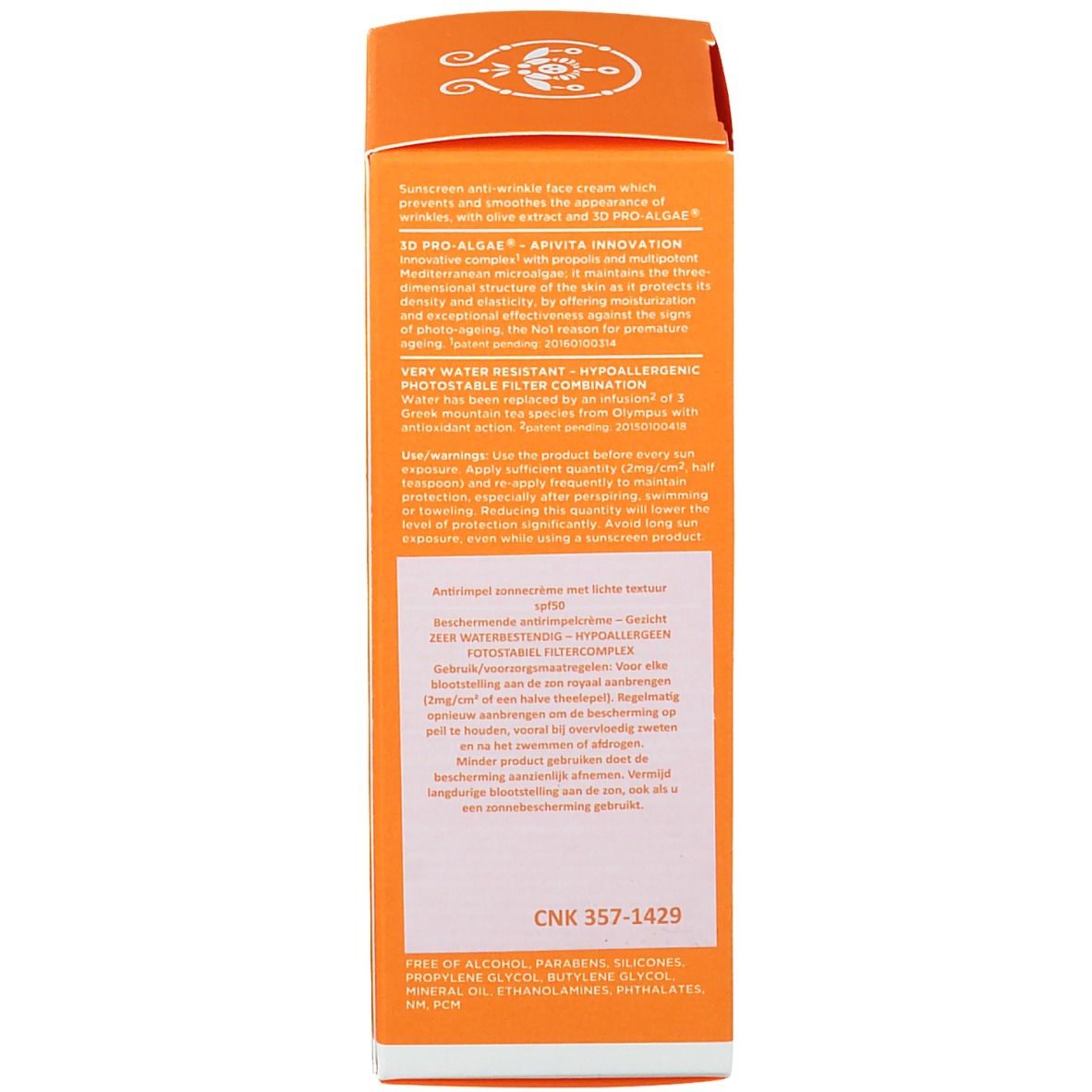 Achterkant van de doos. Tekst: Anti-Wrinkle Face Cream. 3D Pro-Algae. Hypoallergeen. CNK 357-1429.