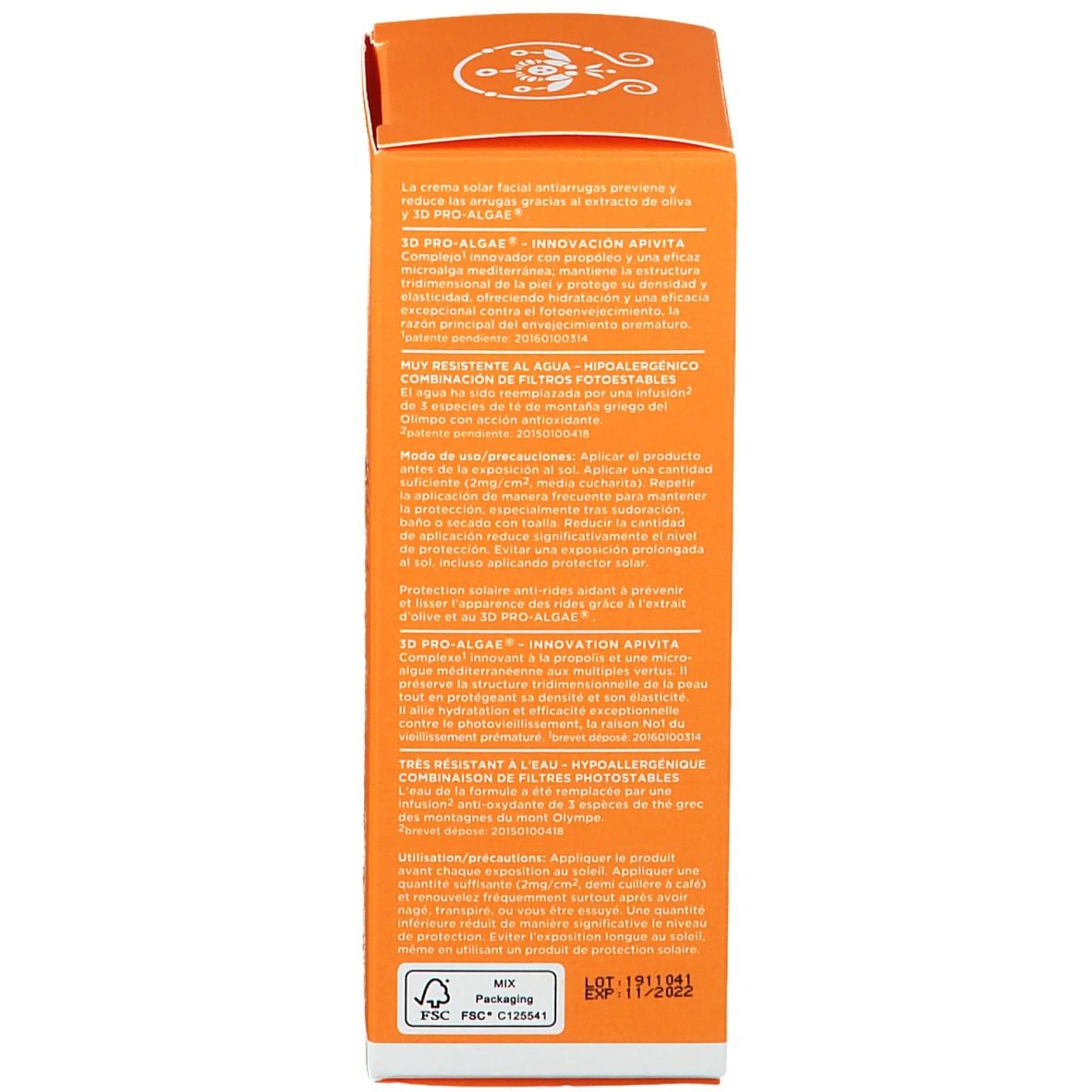 Achterkant van de doos. Tekst: Anti-Wrinkle Face Cream. 3D Pro-Algae. Waterbestendig. FSC-certificering.