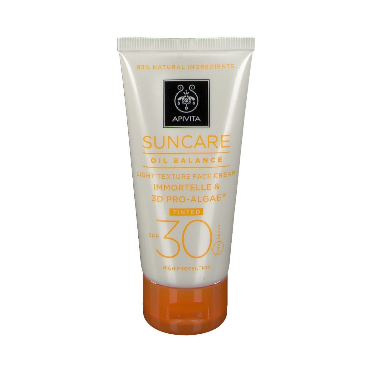 Witte tube met oranje dop. Opschrift: Apivita Suncare Oil Balance, getinte textuur, SPF30. 83% natuurlijke ingrediënten.