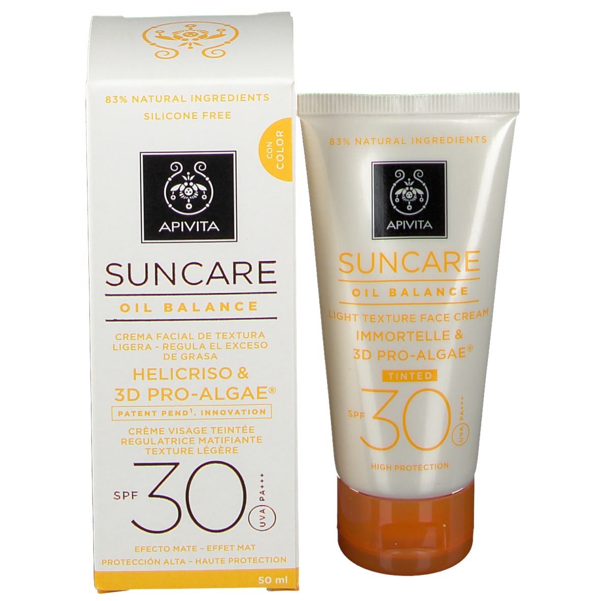 Verpakking en tube. Verpakking: wit, opschrift: Apivita Suncare Oil Balance, SPF30. Tube: wit, oranje dop.