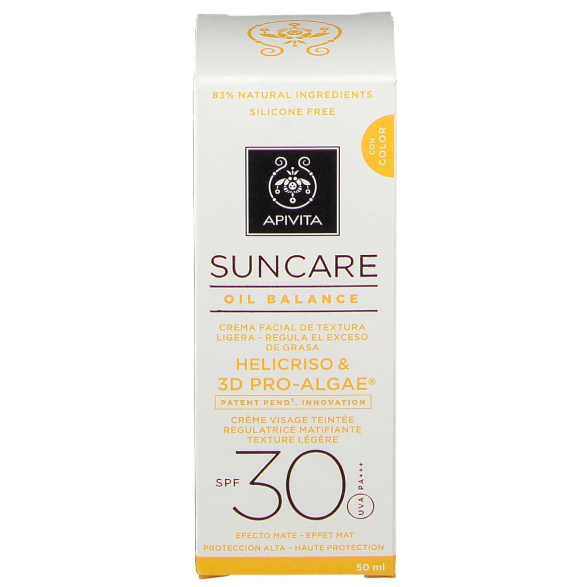 Witte verpakking. Opschrift: Apivita Suncare Oil Balance, SPF30. 83% natuurlijke ingrediënten. Siliconenvrij. 50 ml.