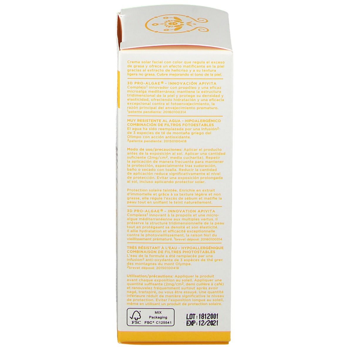 Achterkant van de verpakking. Tekst in meerdere talen. FSC-certificering. Houdbaar tot 12/2021.