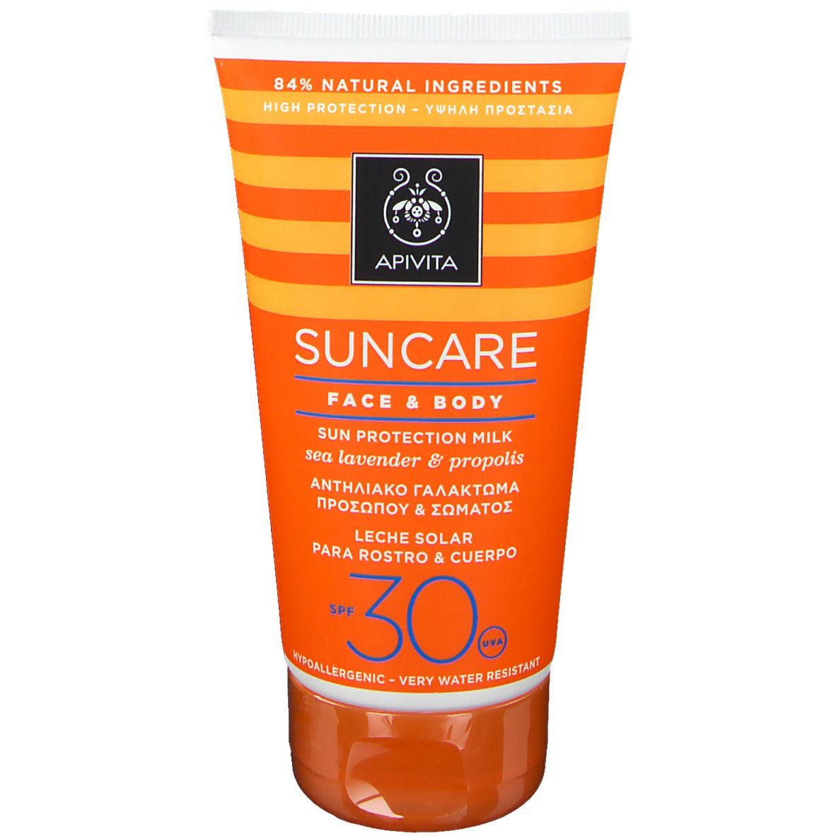 Apivita Suncare Face & Body SPF30 zonnecrèmetube. 84% natuurlijke ingrediënten. Bescherming voor gezicht en lichaam.
