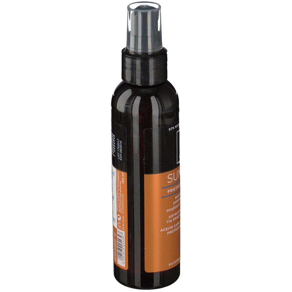 Flacon foncé avec vaporisateur. Inscription : Suncare Protective Hair Oil. Texte multilingue.