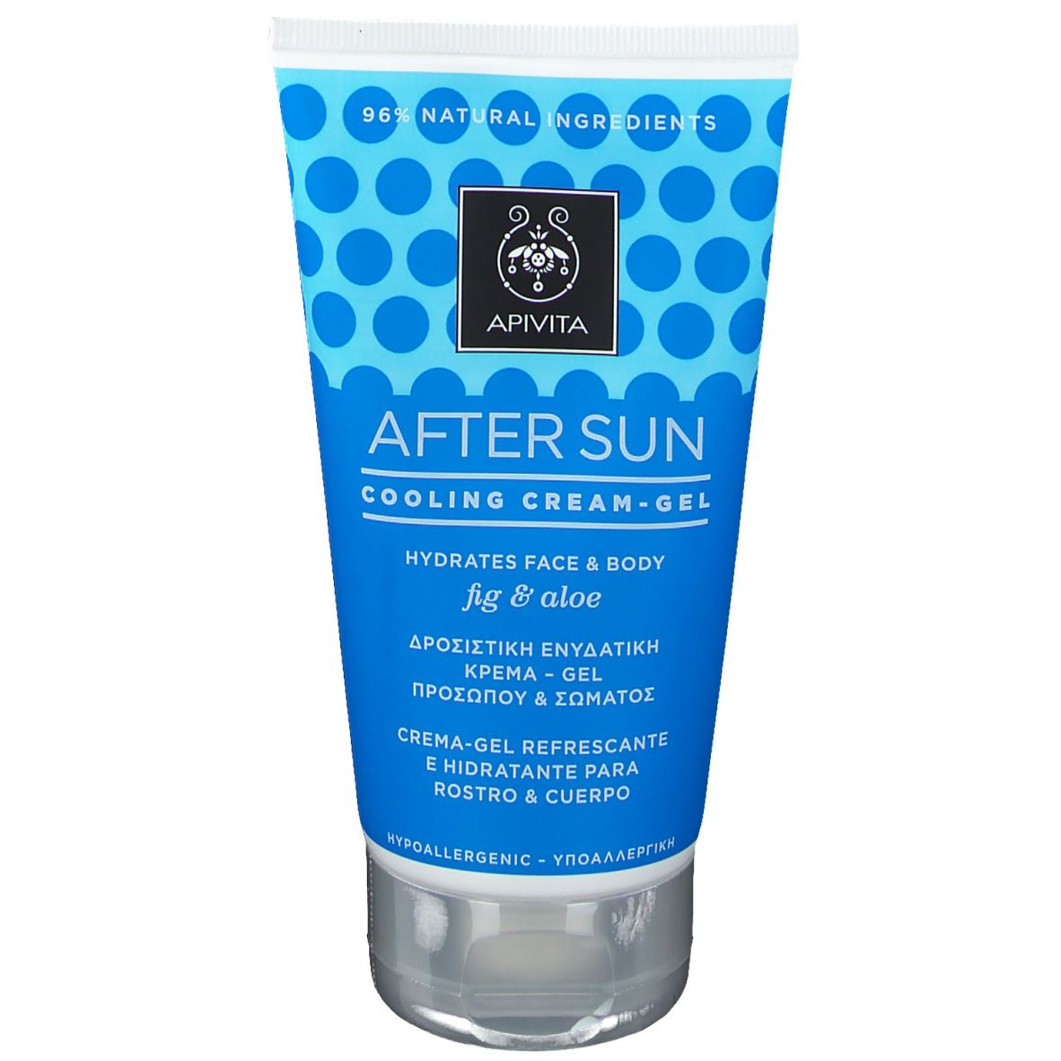 Blauwe tube met "Apivita After Sun". 96% natuurlijke ingrediënten. Verkoelende crème-gel voor gezicht & lichaam.