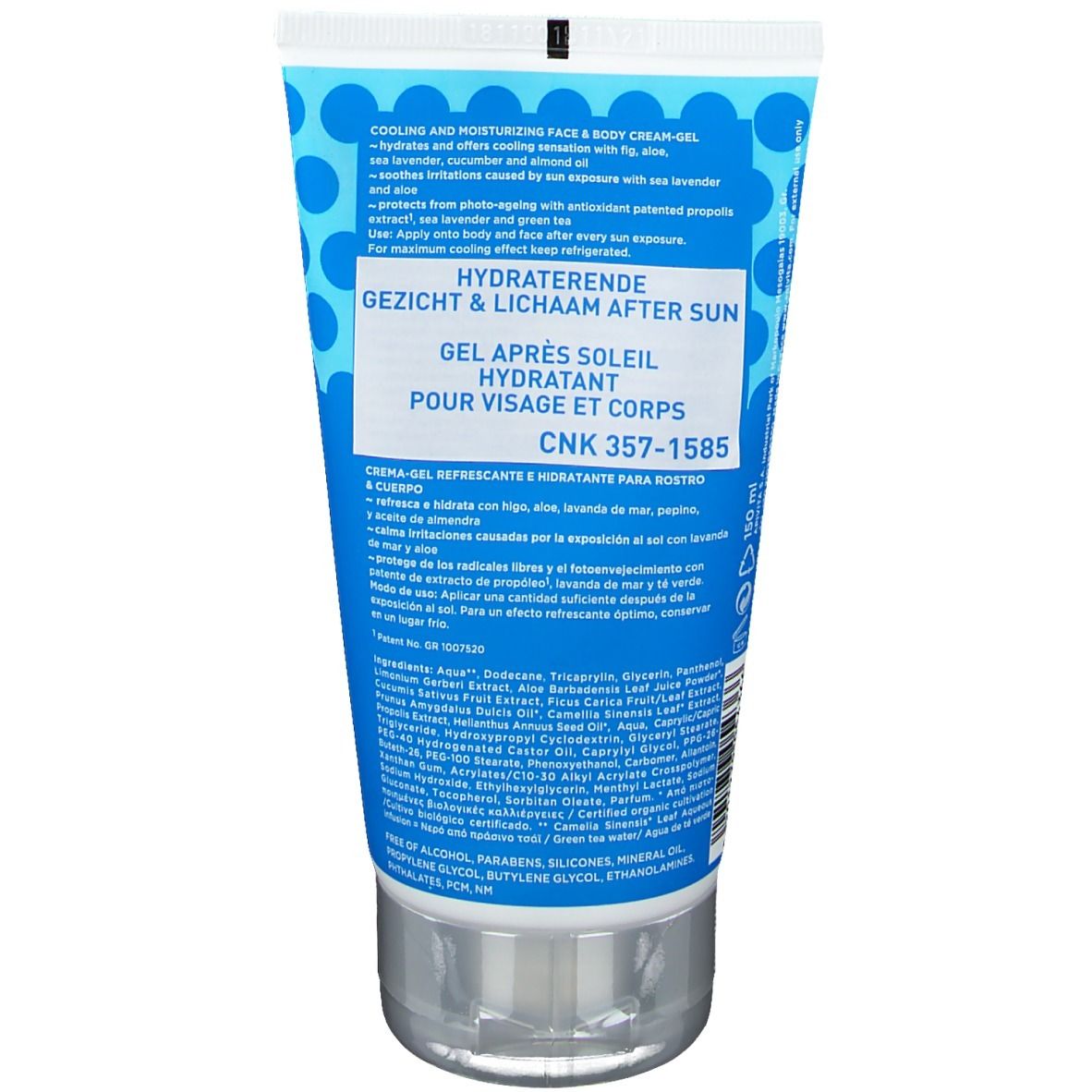 Achterkant van de blauwe tube. Meertalige tekst. Bevat aloë vera en zeelavendel.