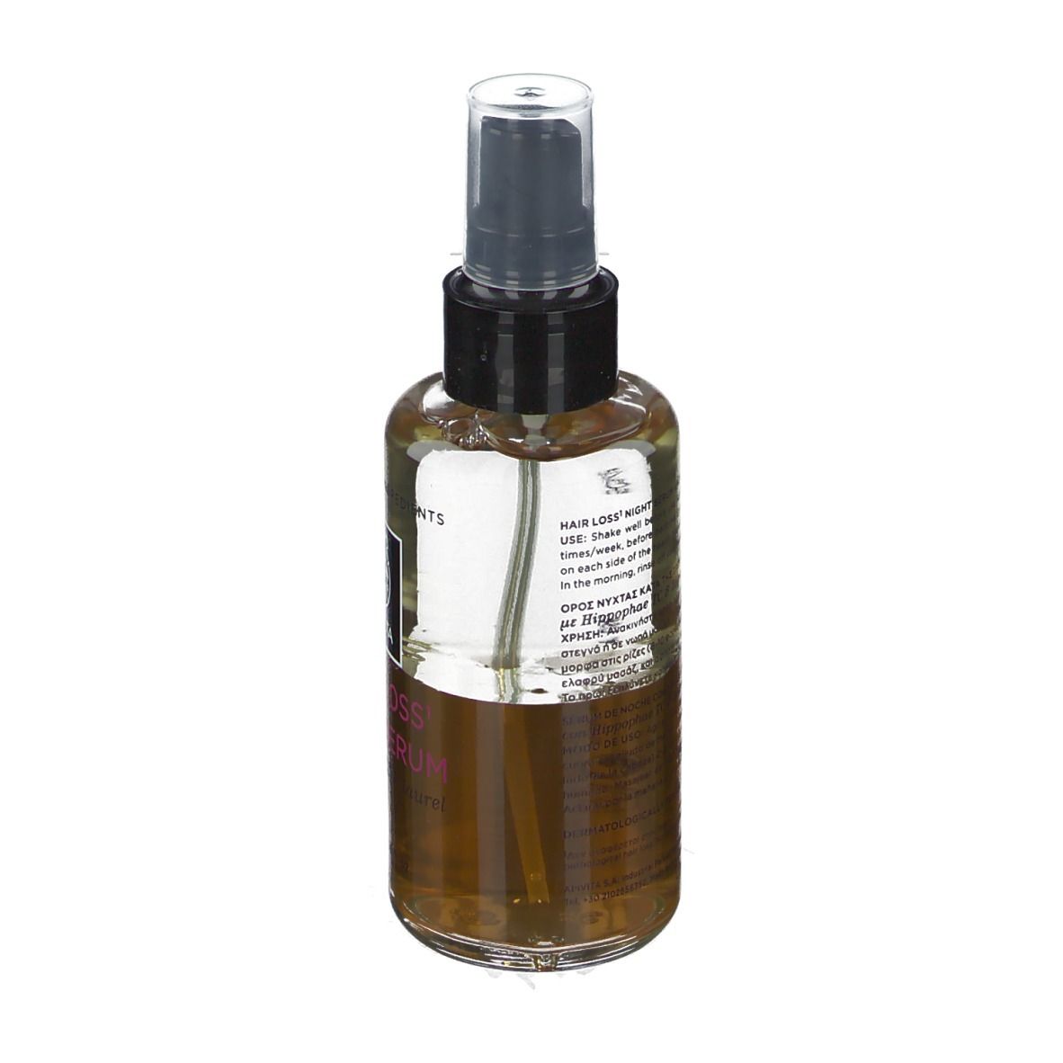 Achterkant van een spuitfles met bruine vloeistof. Zwarte sproeikop. Tekst op etiket.