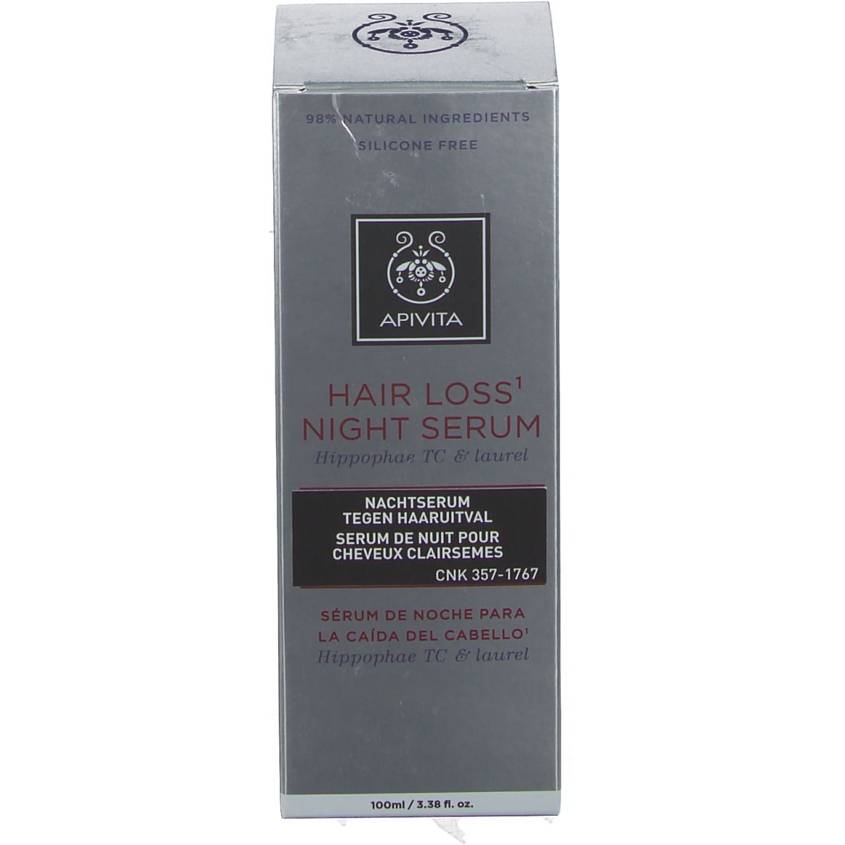 Verpakking met opschrift: Apivita Hair Loss Night Serum. Grijze doos met productnaam en logo.