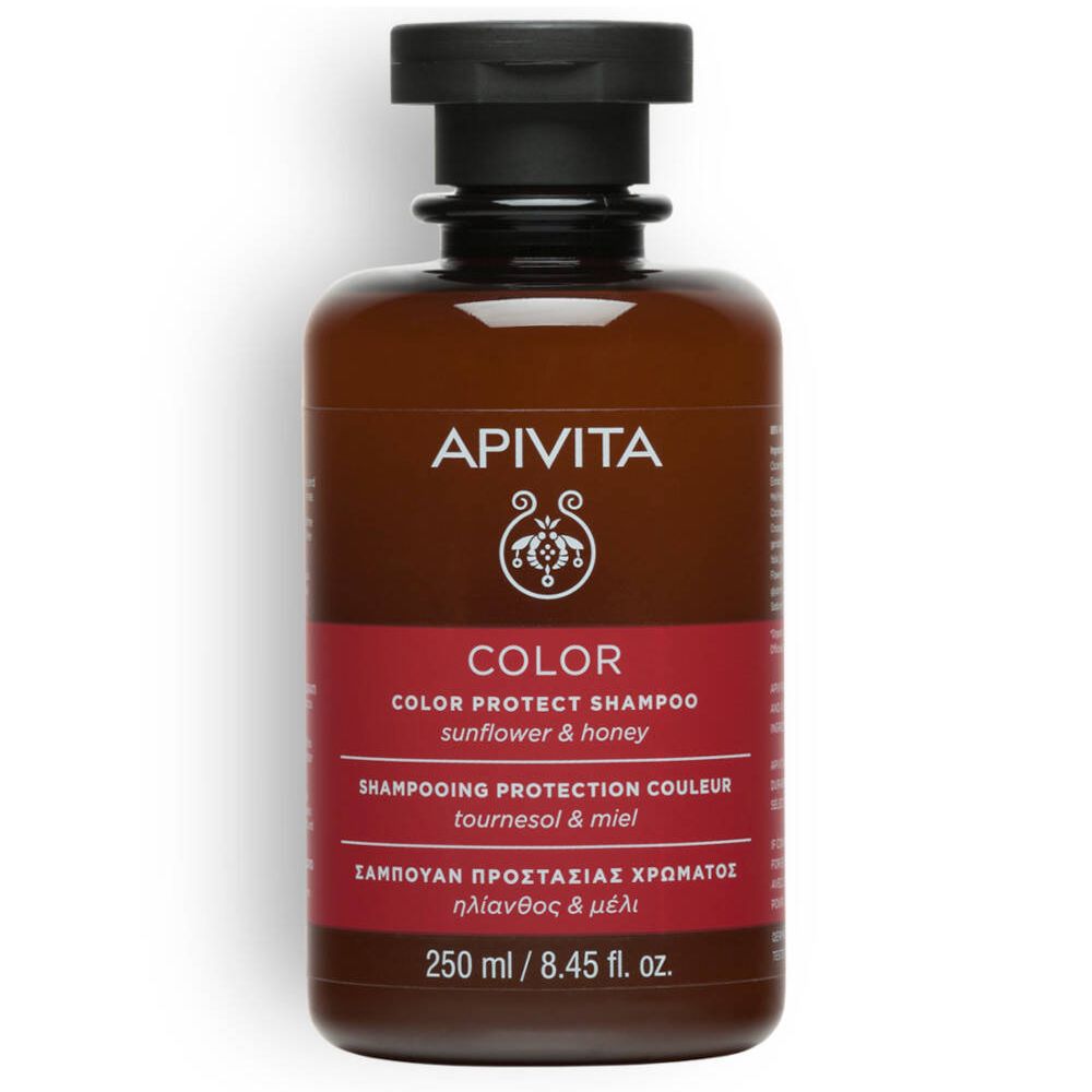 Bruine fles met zwarte dop. Etiket met Apivita-logo en opschrift 'COLOR'.
