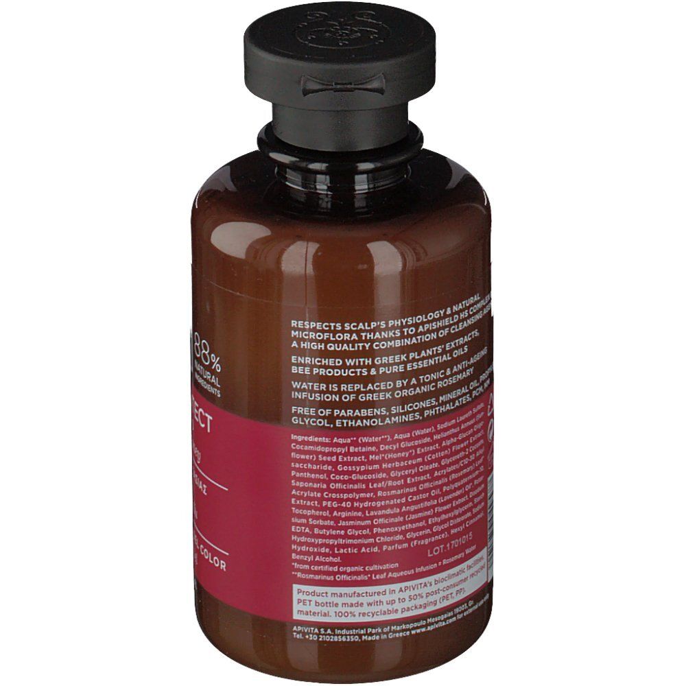 Achterkant van de bruine fles. Tekst met ingrediënten en informatie over het merk Apivita.